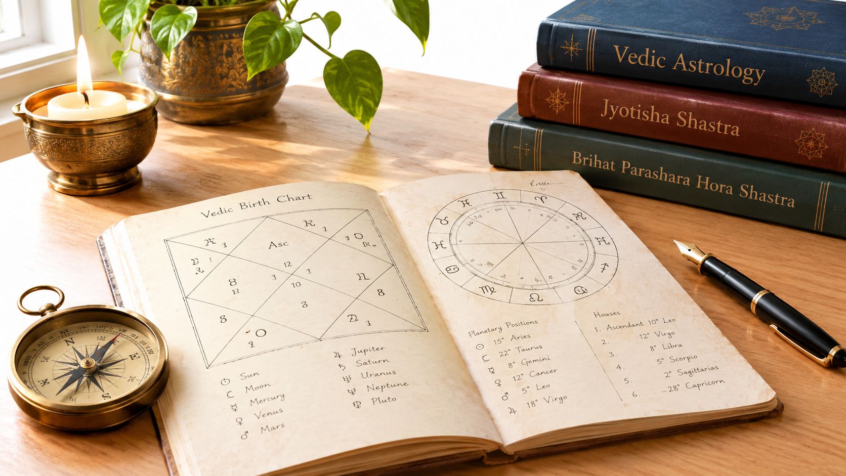 An open book displaying a Vedic birth chart, planetary positions, and houses on a wooden desk with a compass.