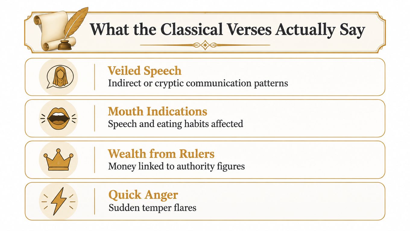 An infographic titled What the Classical Verses Actually Say listing four symbolic traits including veiled speech and wealth.