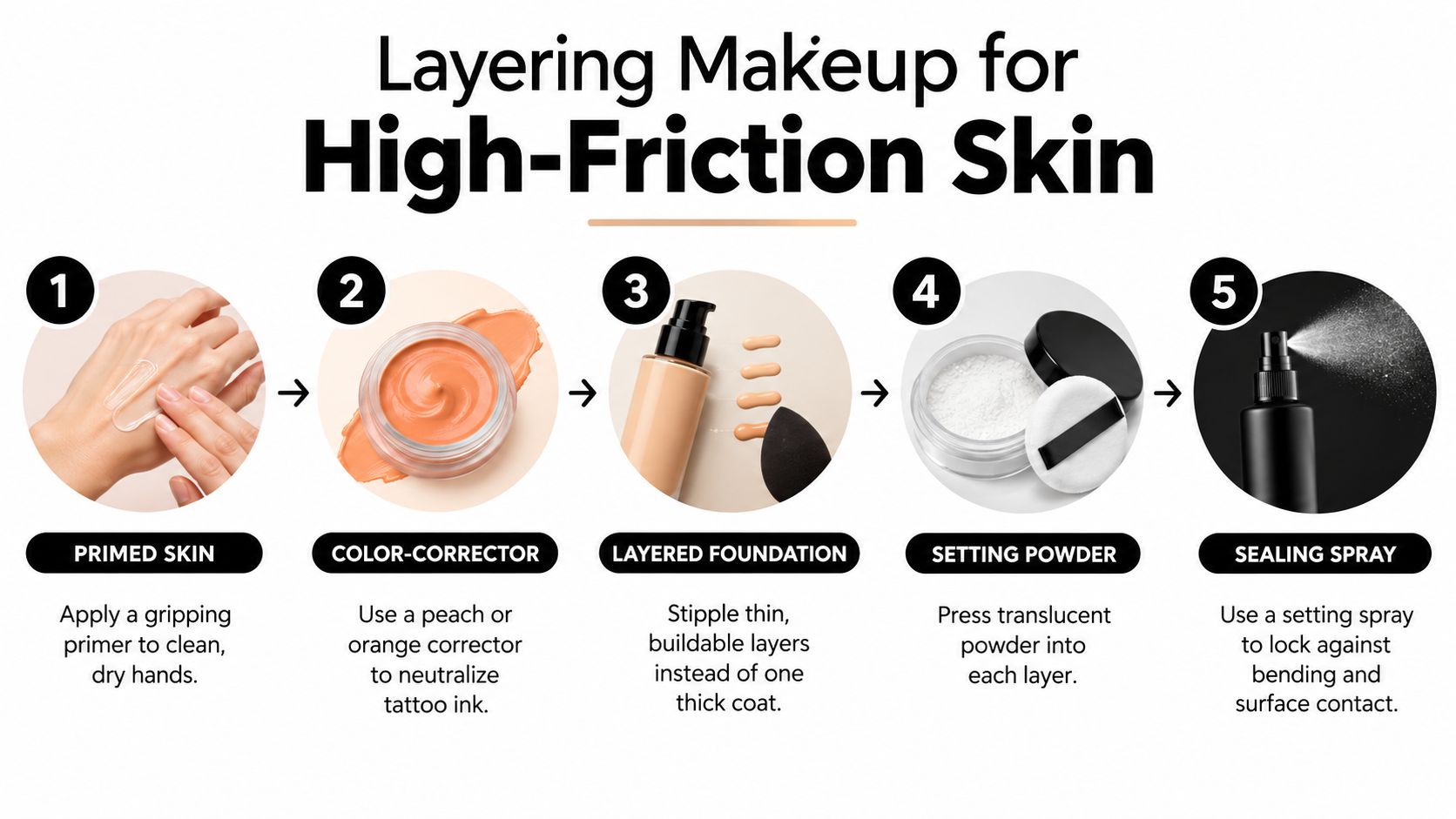 A five-step guide on how to cover hand tattoos using makeup, from priming to sealing spray.