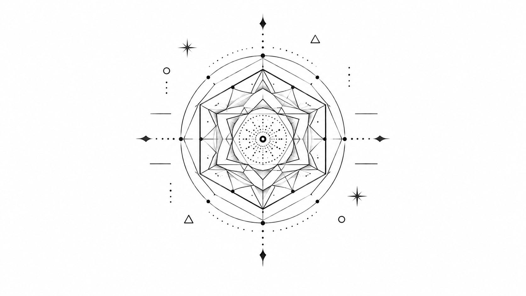 A delicate, symmetrical black-line geometric tattoo design featuring a central hexagon with intricate patterns and surrounding symbols.