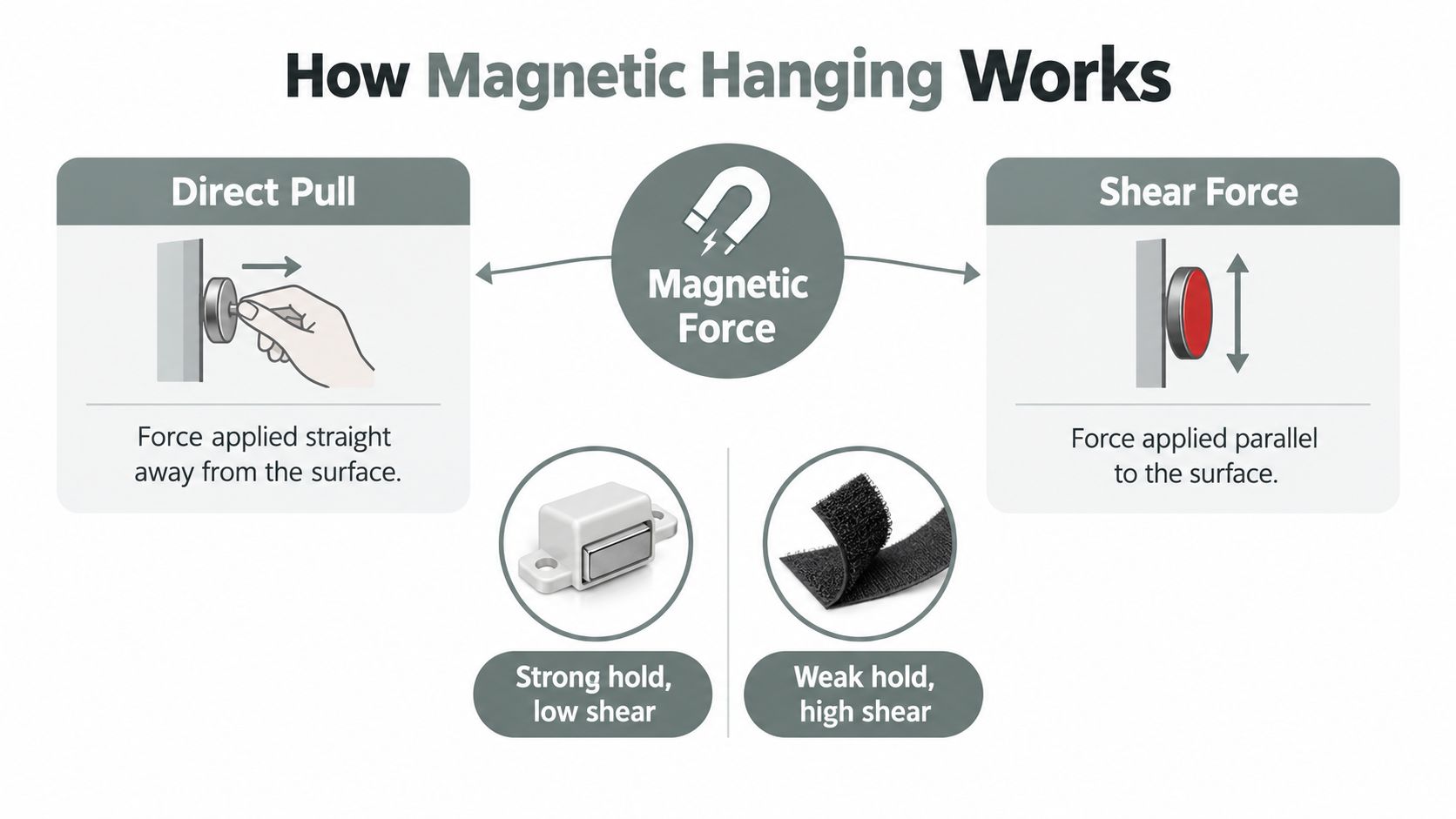 An infographic explaining magnetic hanging with direct pull and shear force diagrams for magnets and adhesive strips.
