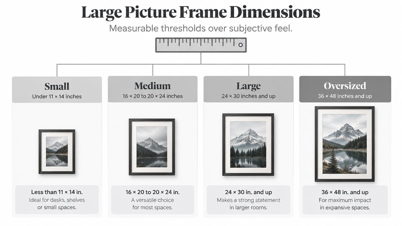 A chart illustrating standard large picture frame dimensions from small to oversized for home decor.