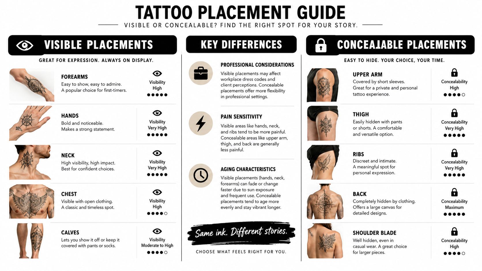 A visual guide comparing visible and concealable tattoo placements with details on pain, aging, and professional considerations.