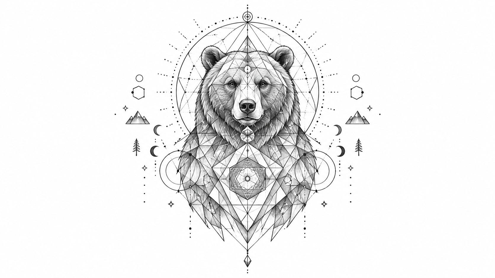 A detailed, black and white geometric illustration of a bear head integrated with sacred geometry symbols.