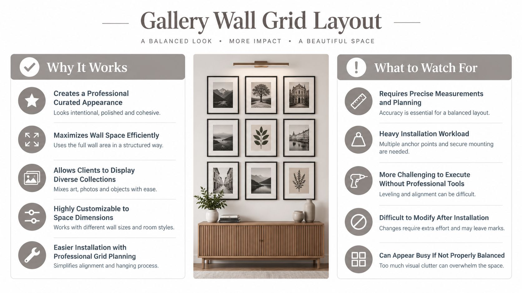 An infographic displaying the benefits and considerations of a gallery wall grid layout for home decor.