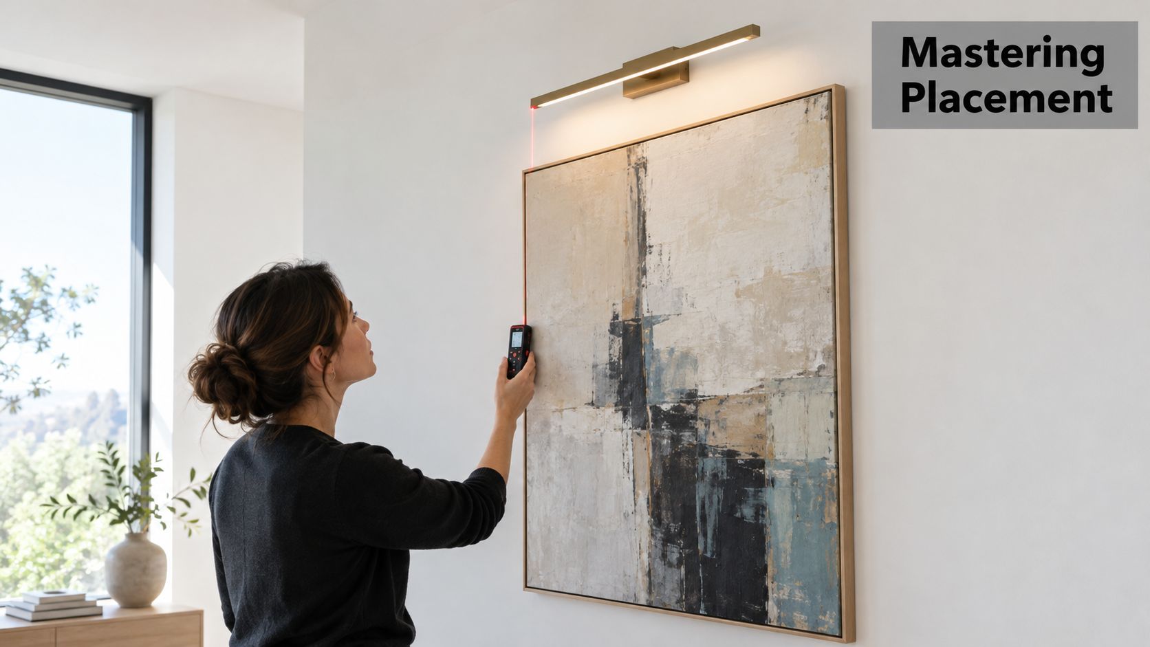 A woman using a laser level tool to align a brass picture light above a framed painting.