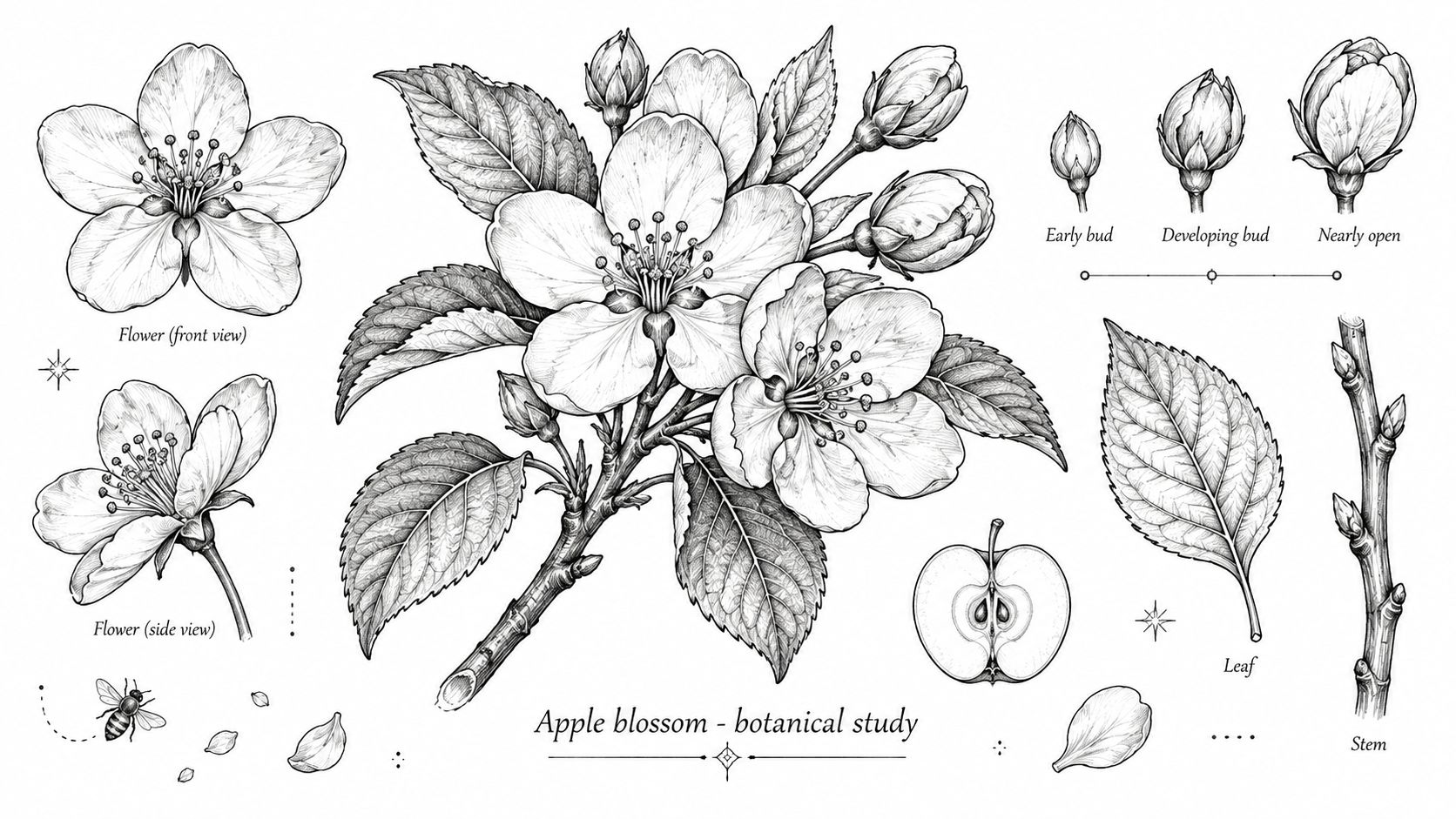 A detailed botanical illustration of an apple blossom, leaves, buds, and a fruit slice in black ink.