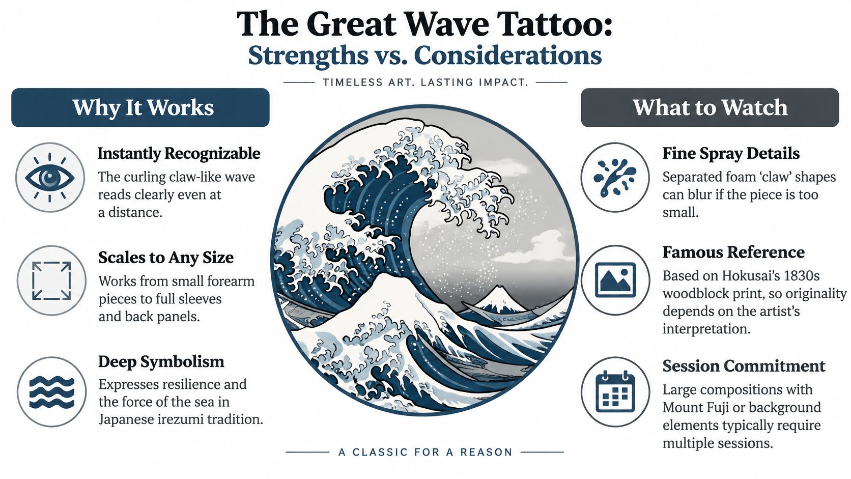 An infographic titled The Great Wave Tattoo, explaining the strengths and considerations of getting this classic design.