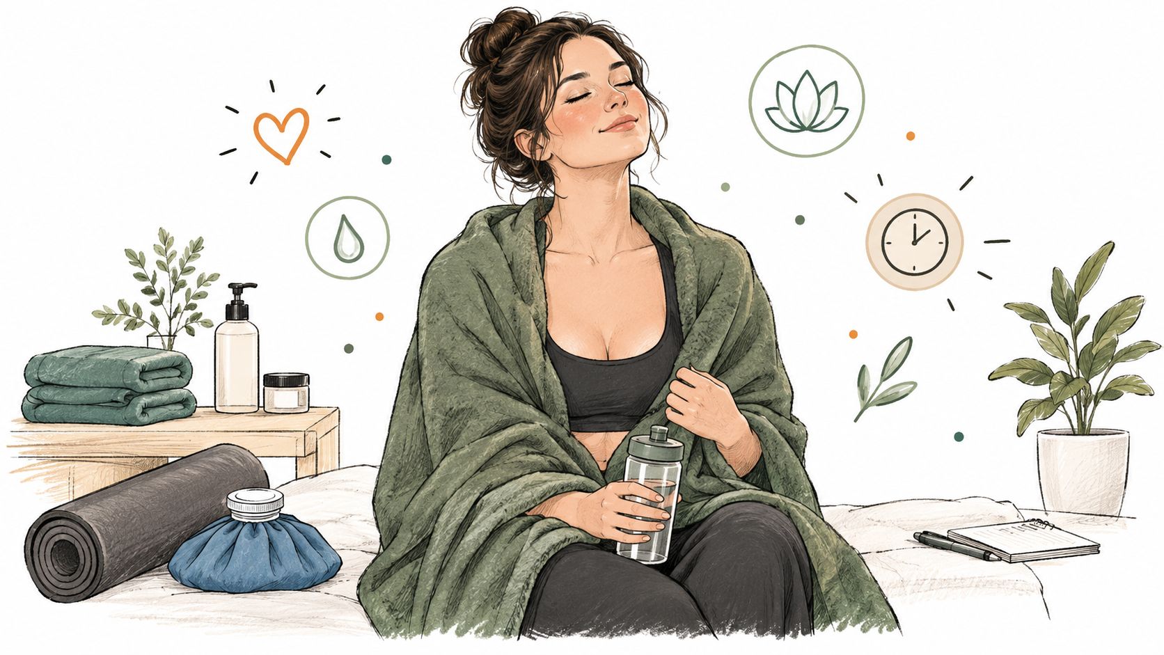 A woman wrapped in a cozy green blanket holding a water bottle with wellness icons surrounding her.