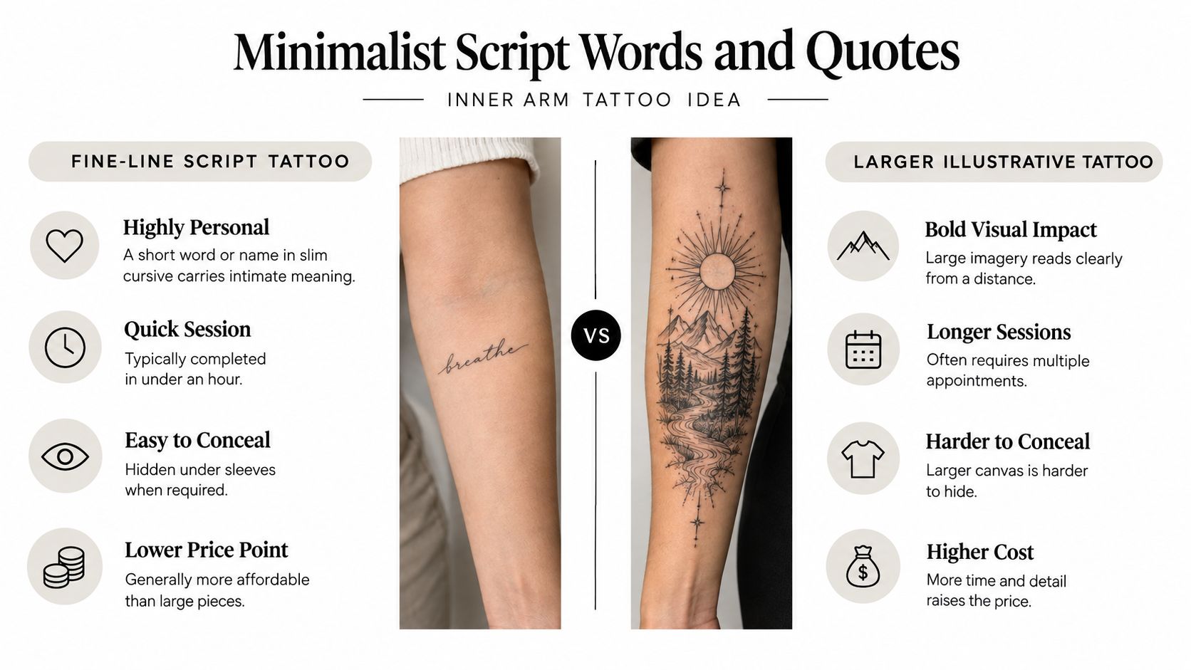 A comparison infographic between minimalist fine-line script tattoos and detailed illustrative arm tattoos for placement inspiration.