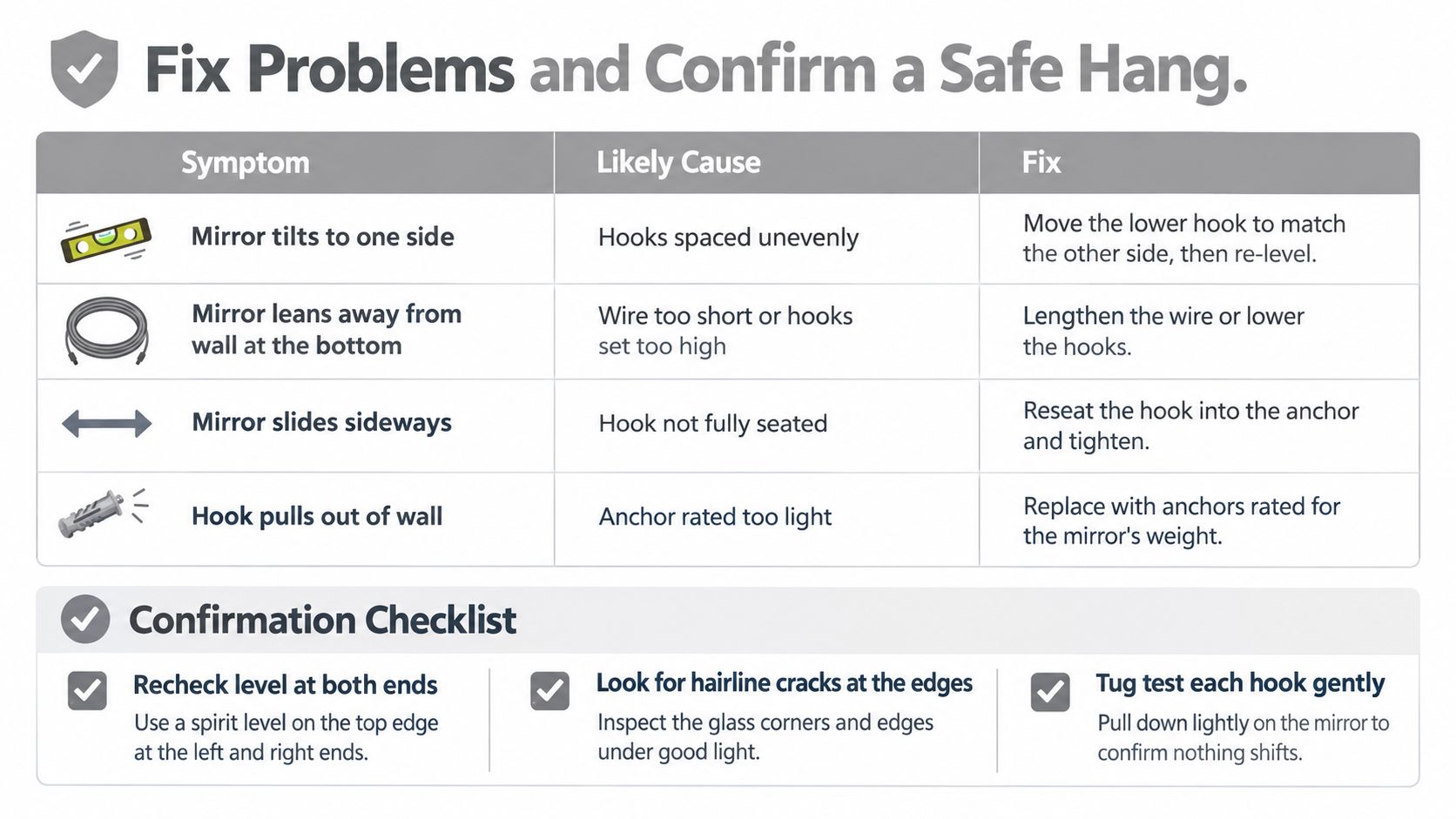 A troubleshooting chart and safety checklist for hanging a mirror correctly on a wall.