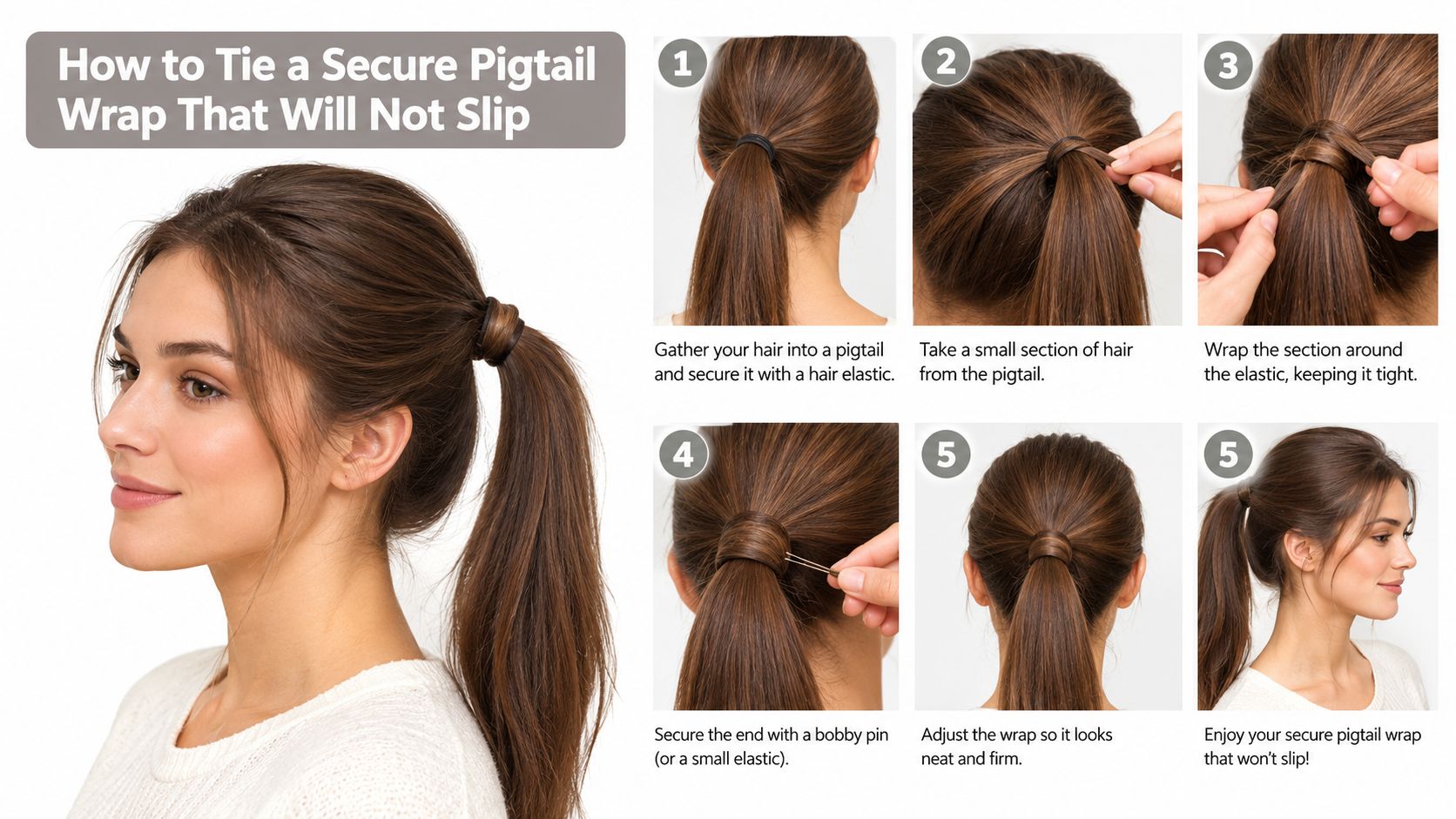 A woman demonstrating the step-by-step process of wrapping a strand of hair around a ponytail base.