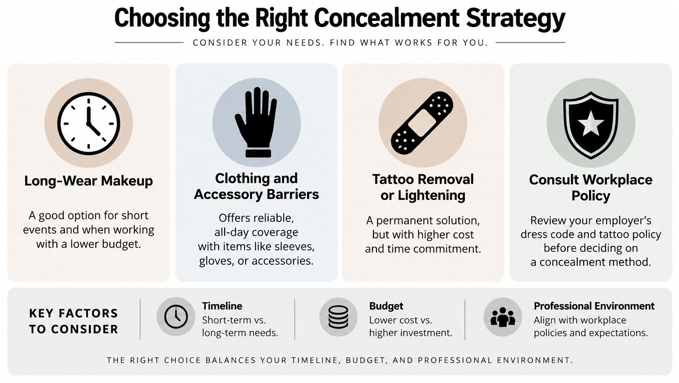 An infographic outlining four different strategies for concealing hand tattoos, including makeup, clothing, removal, and workplace policies.
