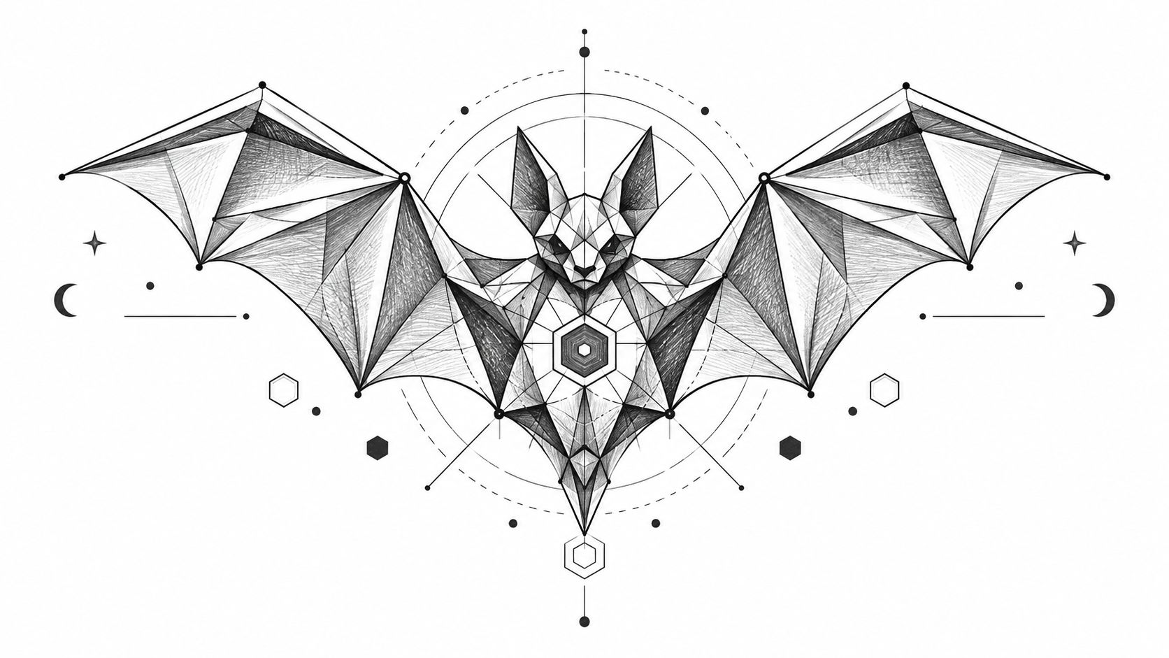 A geometric sketch of a bat with intricate lines, circles, and hexagonal patterns in a tattoo style.