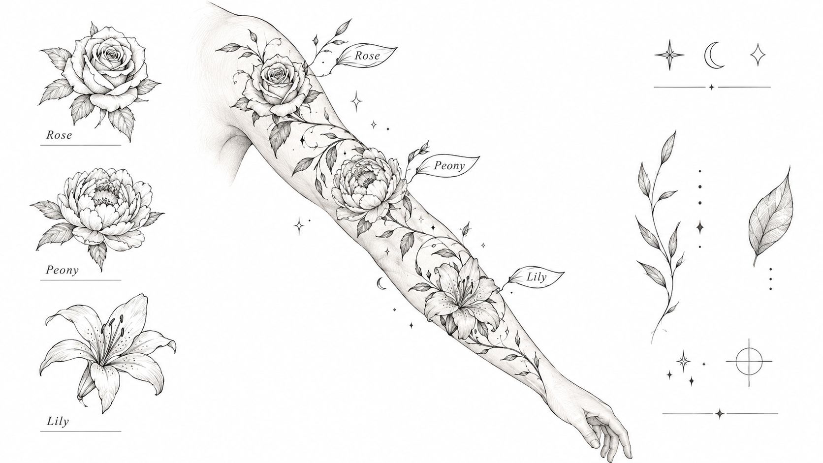 A detailed pencil drawing of a floral sleeve tattoo featuring a rose, peony, and lily design.