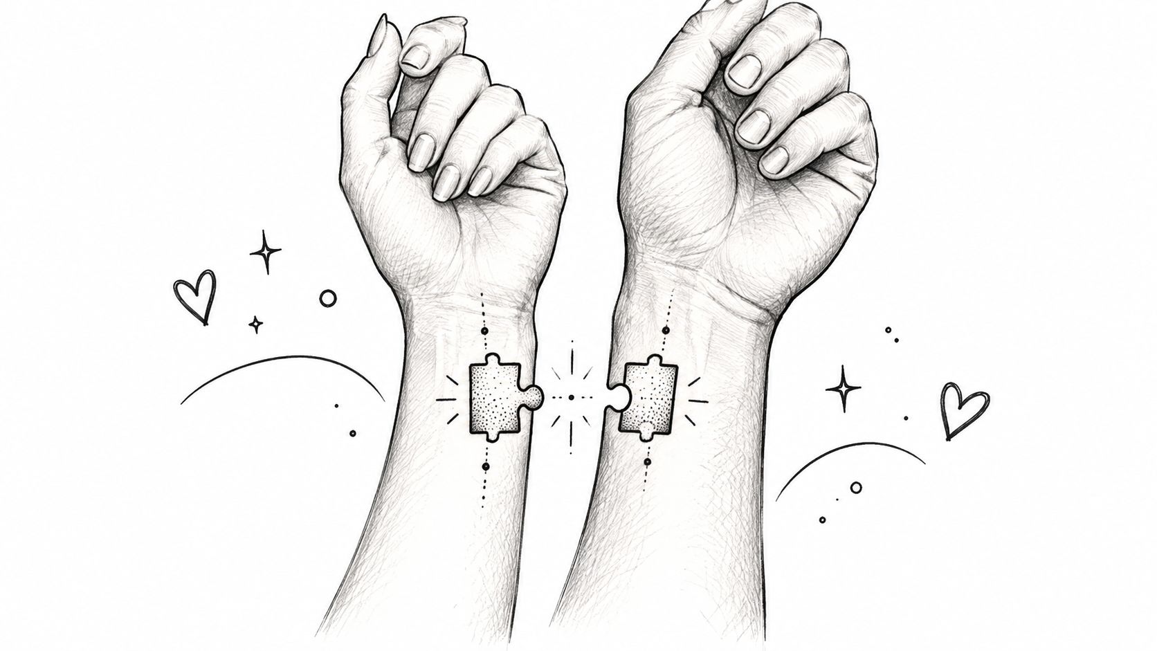 A line art drawing showing two arms with matching puzzle piece tattoos on the wrists.