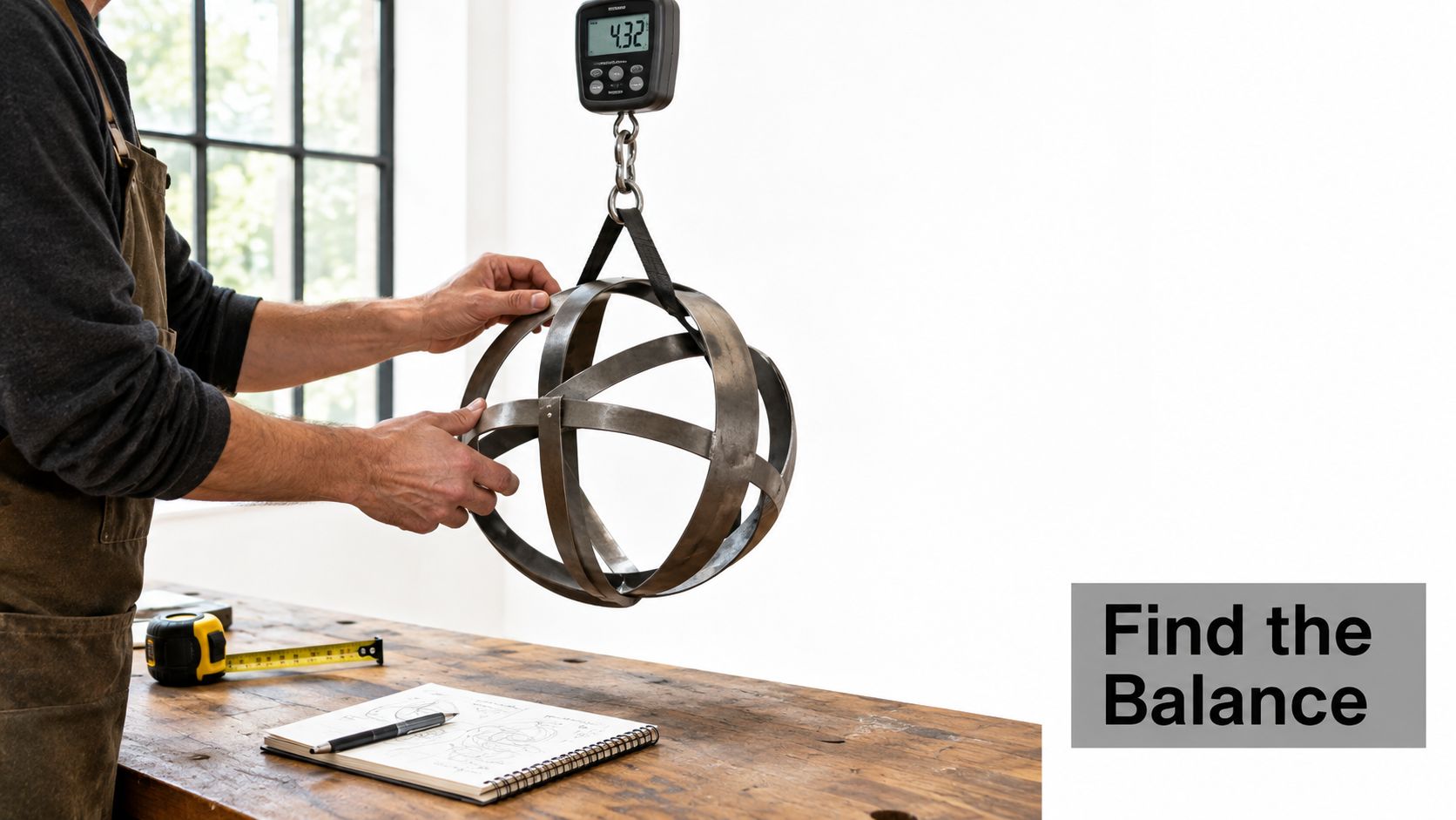 A craftsman works on a spherical metal sculpture hanging from a digital scale in a workshop.