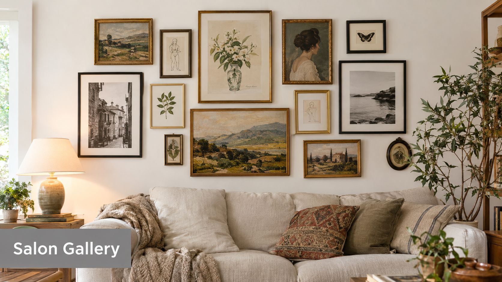 A cozy living room featuring a large gallery wall art display with diverse framed prints above a sofa.