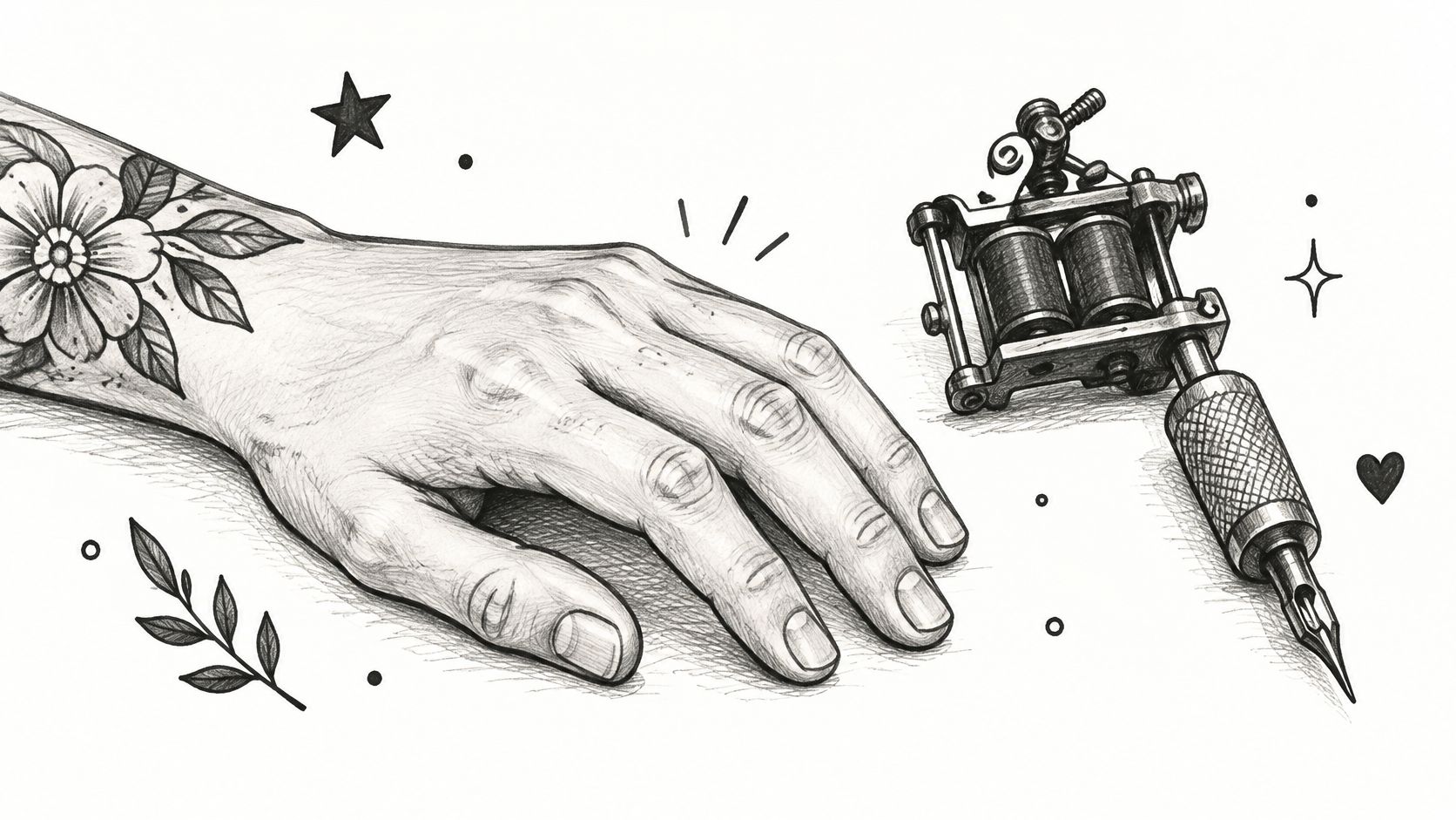A detailed pencil sketch of a human hand with a floral tattoo next to a tattoo machine.