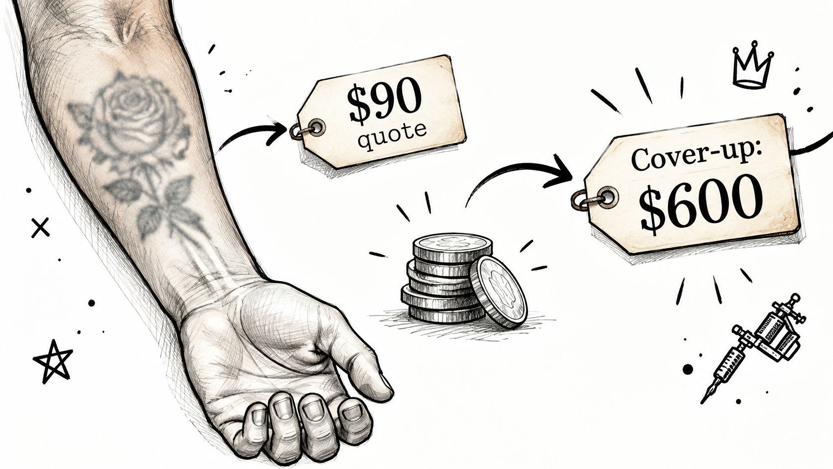 A conceptual illustration comparing a low quote for a rose tattoo versus the high cost of a cover-up.