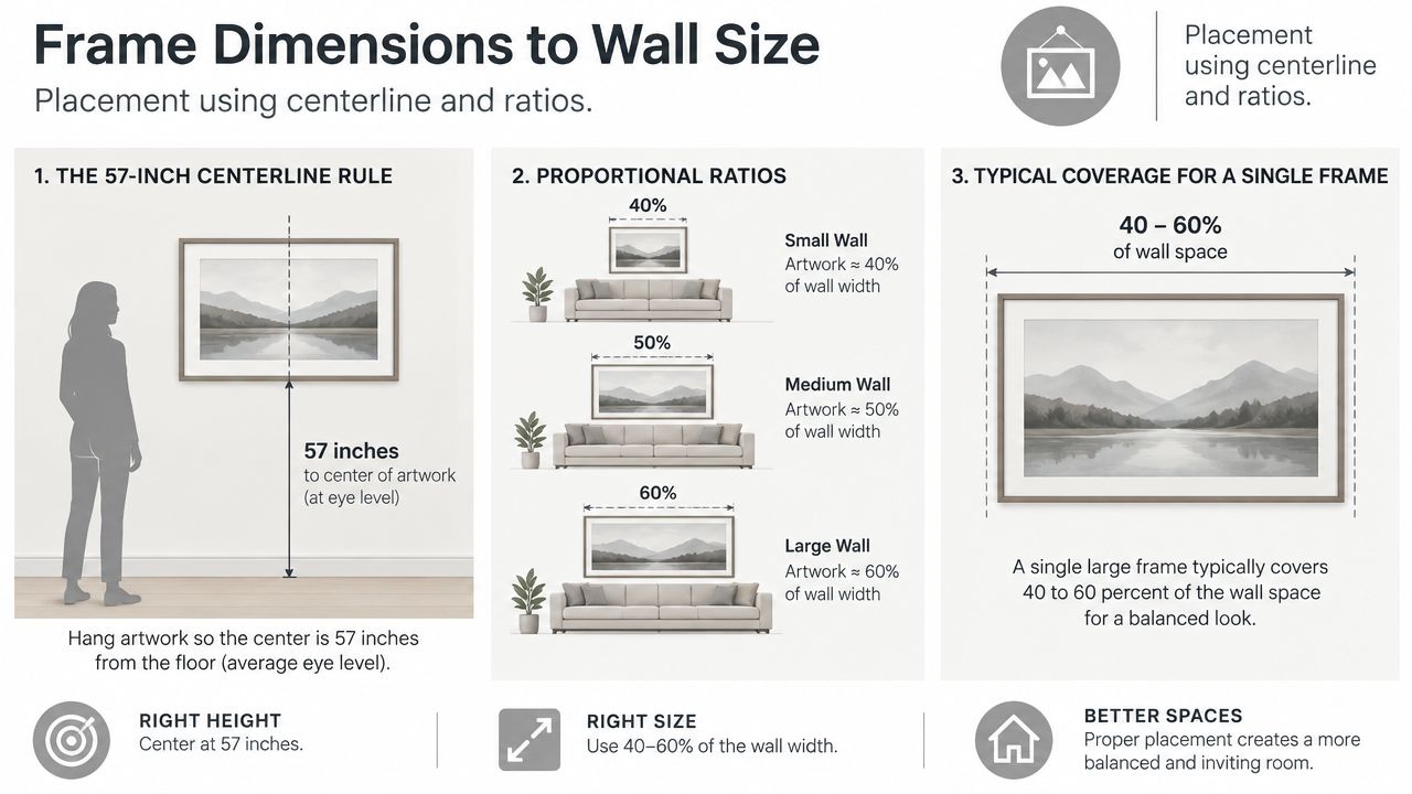 An infographic illustrating how to properly hang artwork using the 57-inch centerline rule and proportional wall width ratios.
