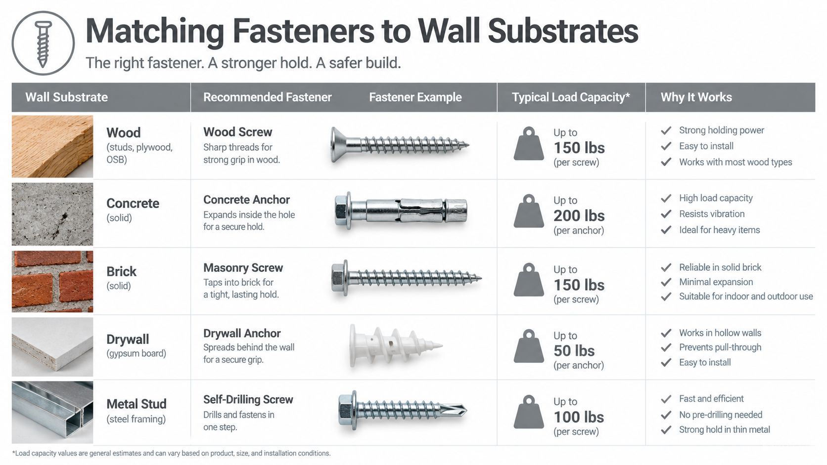A chart detailing recommended fasteners for various wall materials including wood, concrete, brick, drywall, and metal.