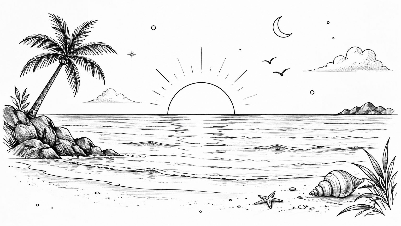 A black and white line art drawing of a beach scene featuring a palm tree, sun, ocean, and seashell.