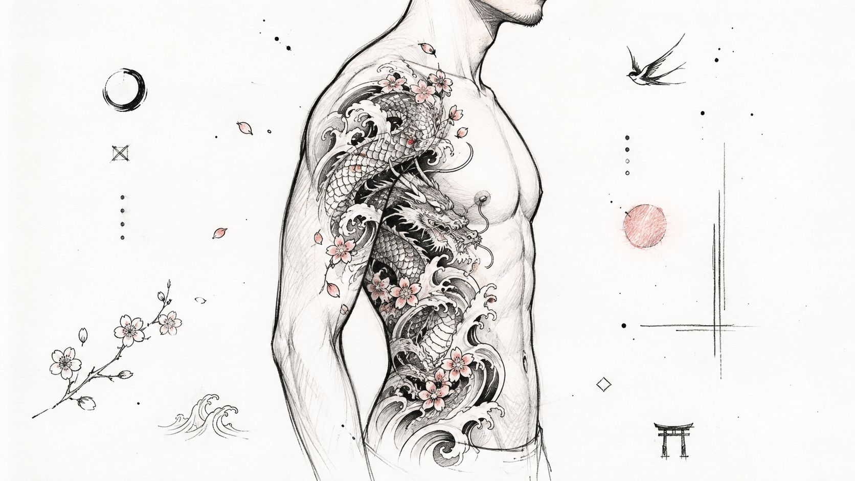 A sketch illustration showing a detailed dragon tattoo design on a man's torso and upper arm.