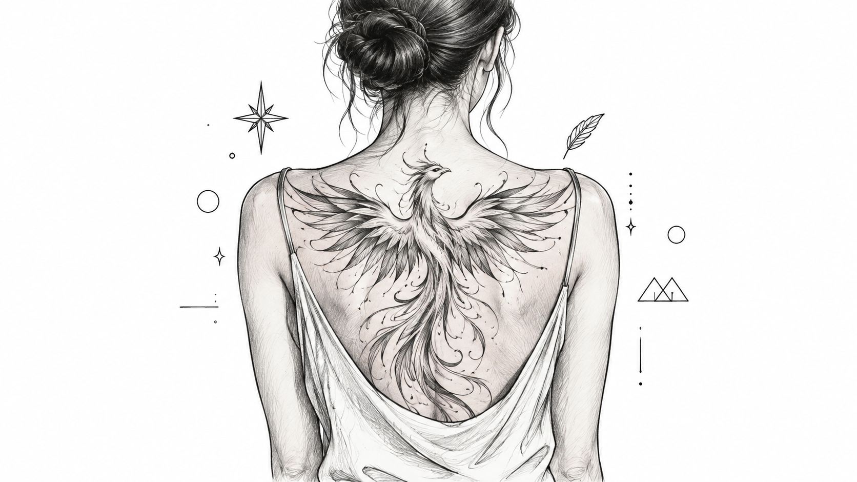 A delicate pencil sketch of a woman with a large phoenix tattoo on her upper back.