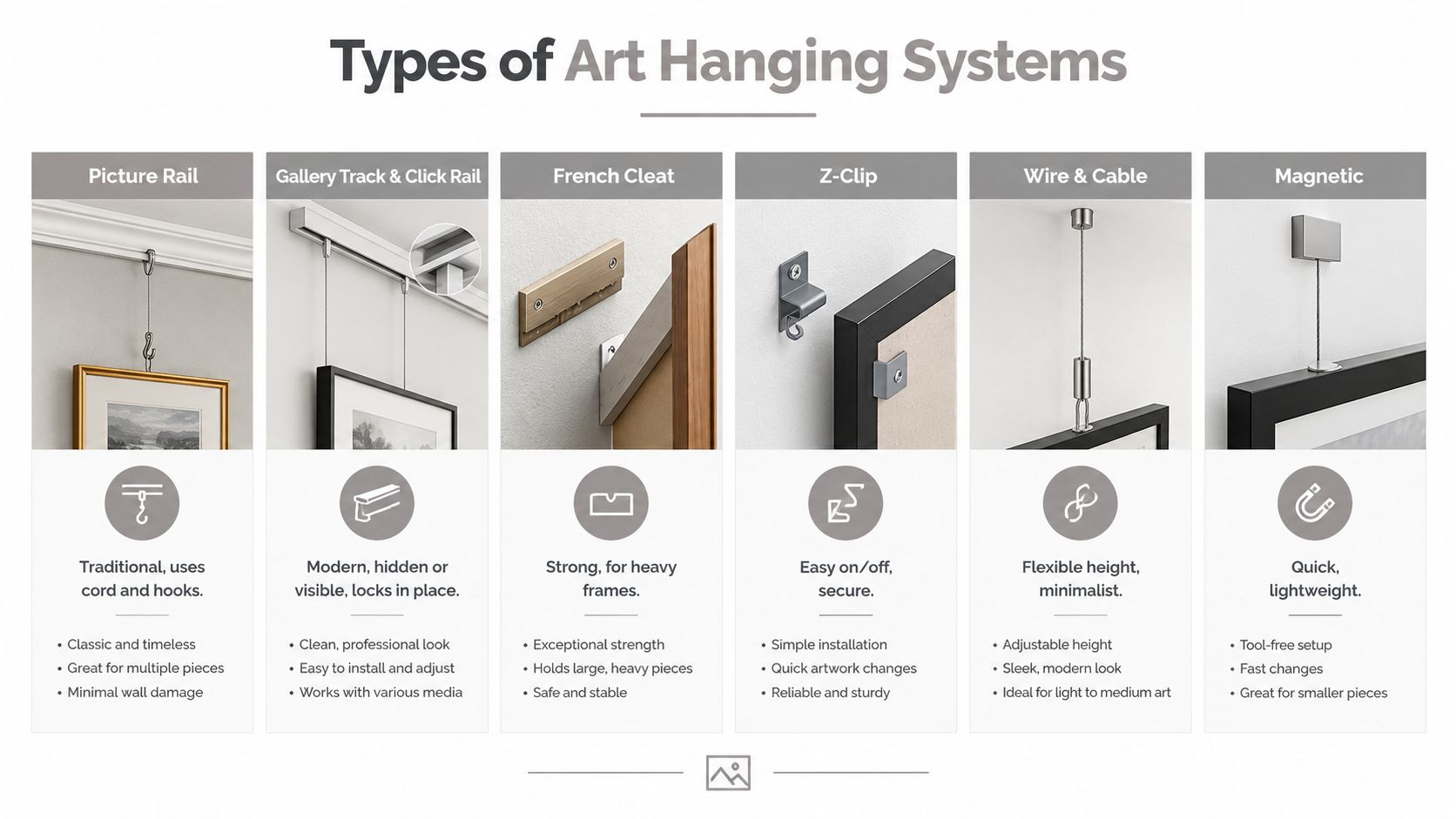 A comprehensive guide showing six different types of art hanging systems for displaying pictures and frames.