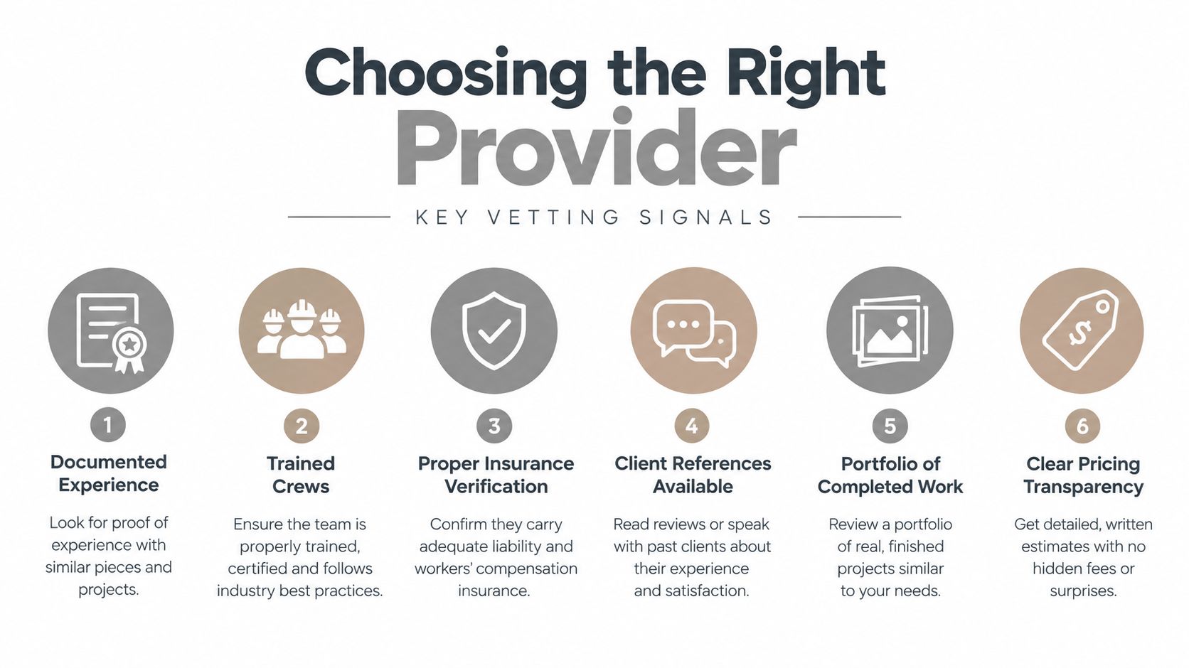 An infographic titled Choosing the Right Provider listing six key vetting signals for hiring professional service providers.