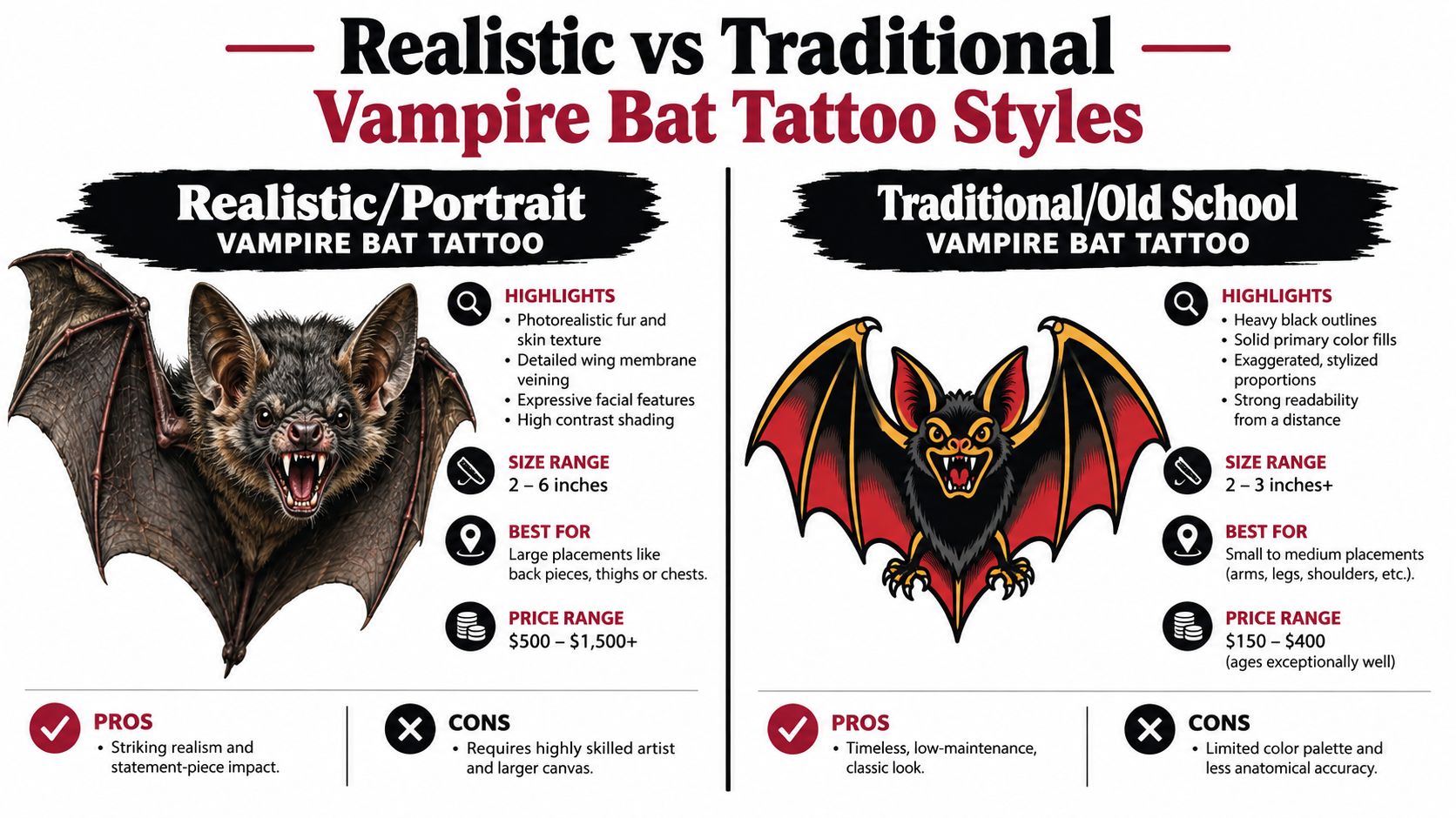 A comparison infographic detailing the aesthetic differences between realistic and traditional vampire bat tattoo styles.