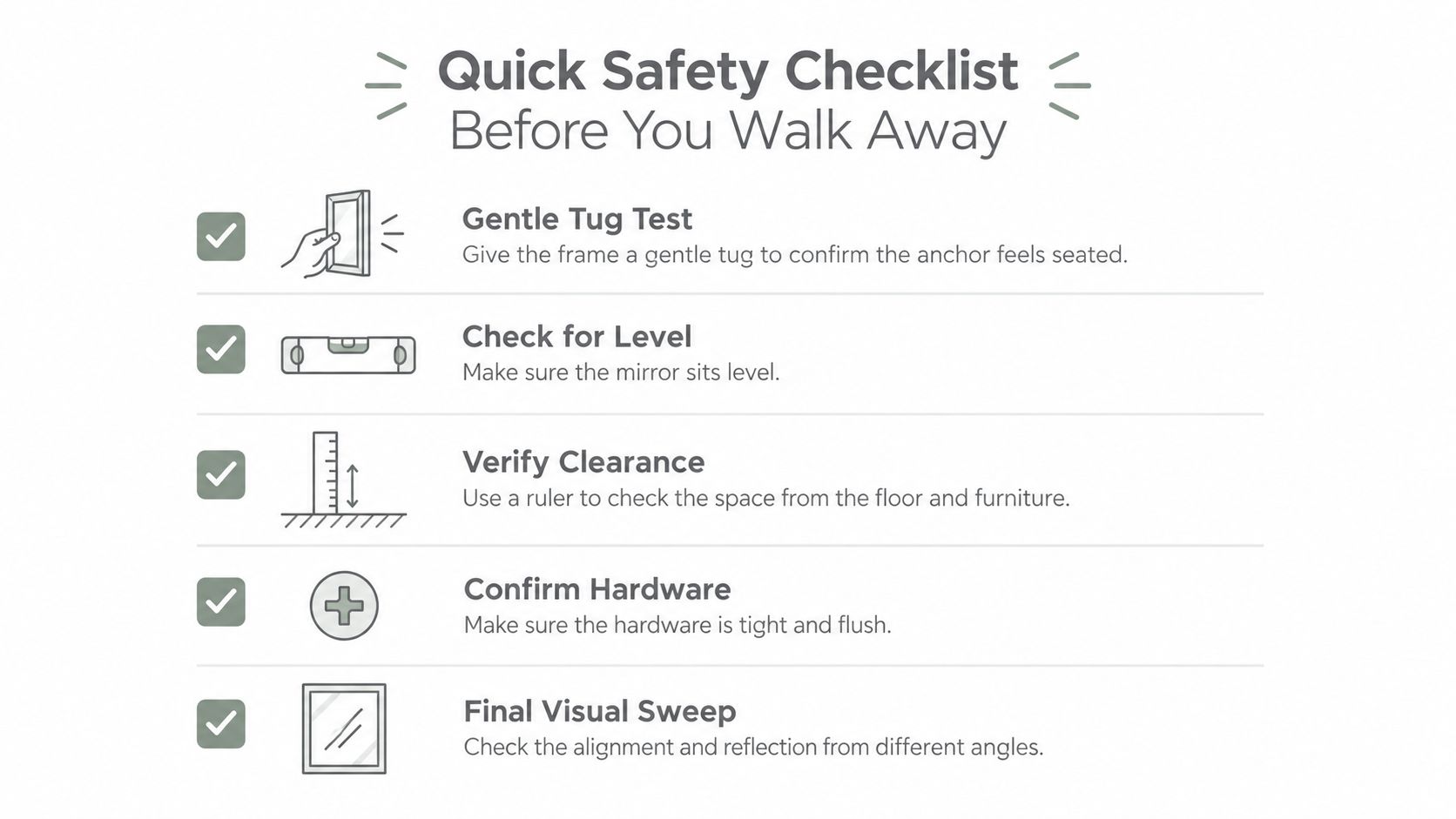 A safety checklist illustration for hanging a mirror, including checking stability, level, clearance, hardware, and alignment.