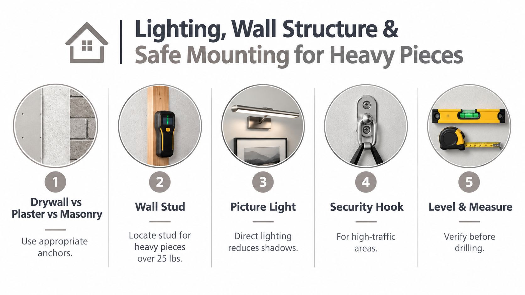 A guide for mounting large wall art showing steps for wall types, stud finding, lighting, and leveling.