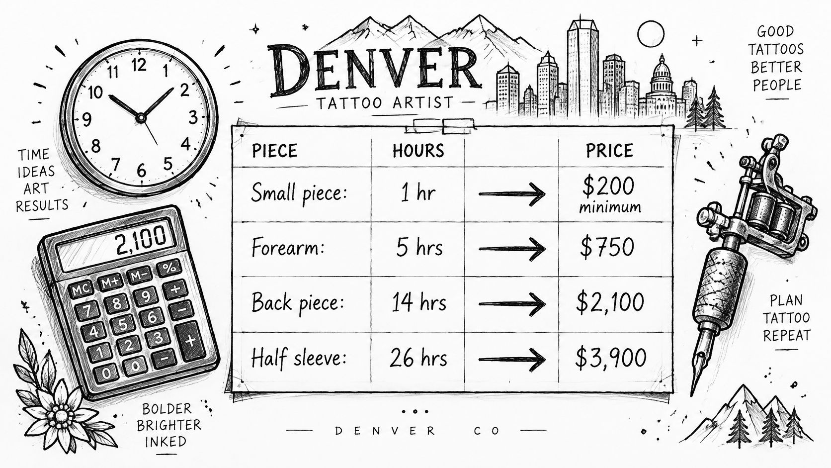 A hand-drawn illustration showing a price list for tattoo services with hours and costs per piece.