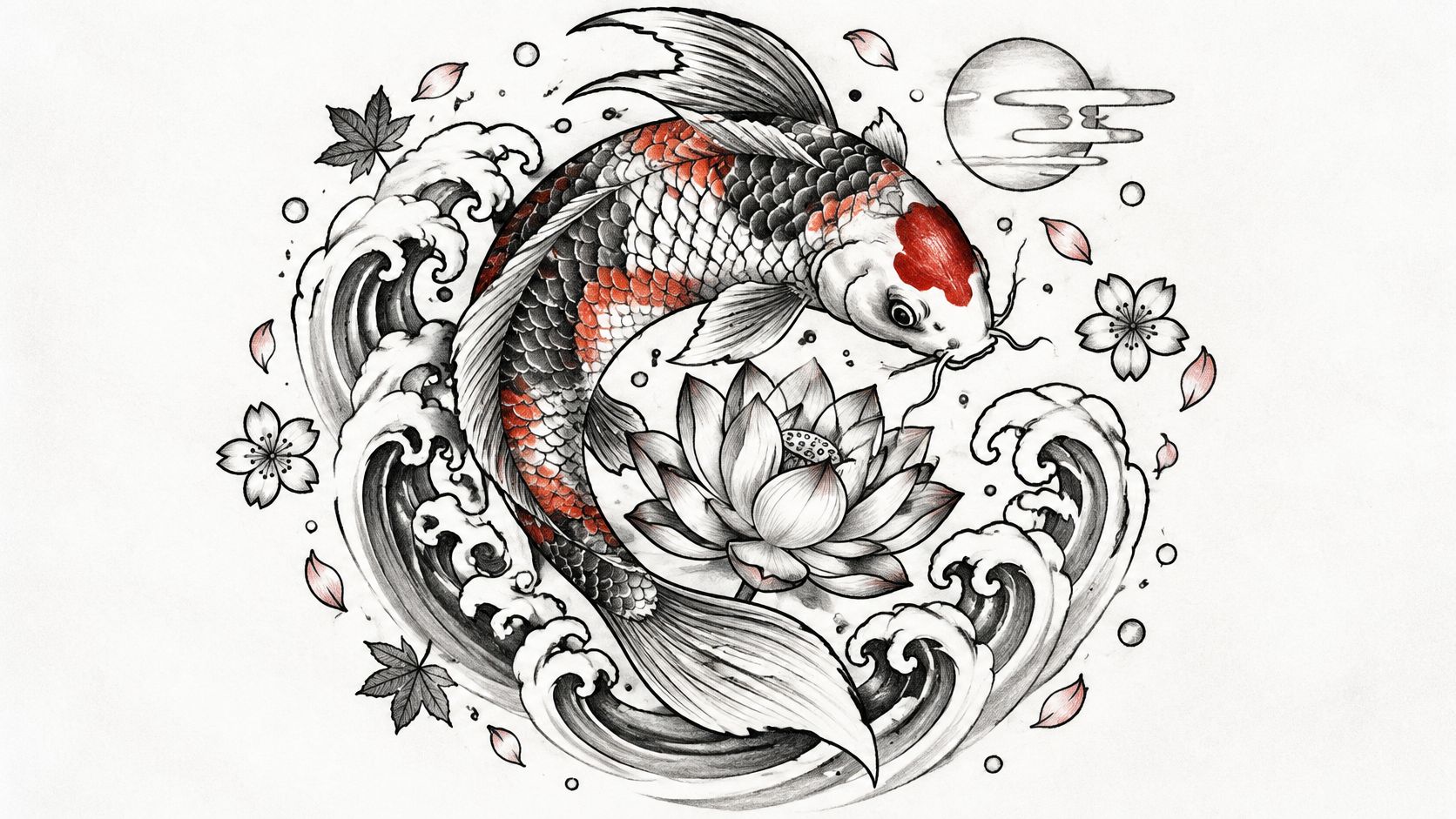 A beautiful tattoo design featuring a red and black koi fish, a lotus flower, and flowing water.