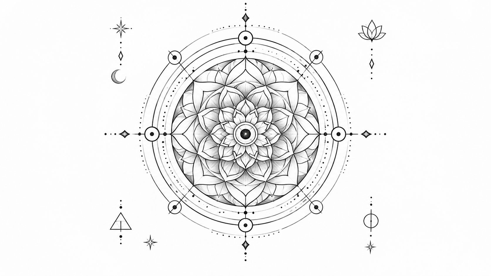 A black and white intricate mandala tattoo design featuring geometric patterns and sacred geometry elements on white.