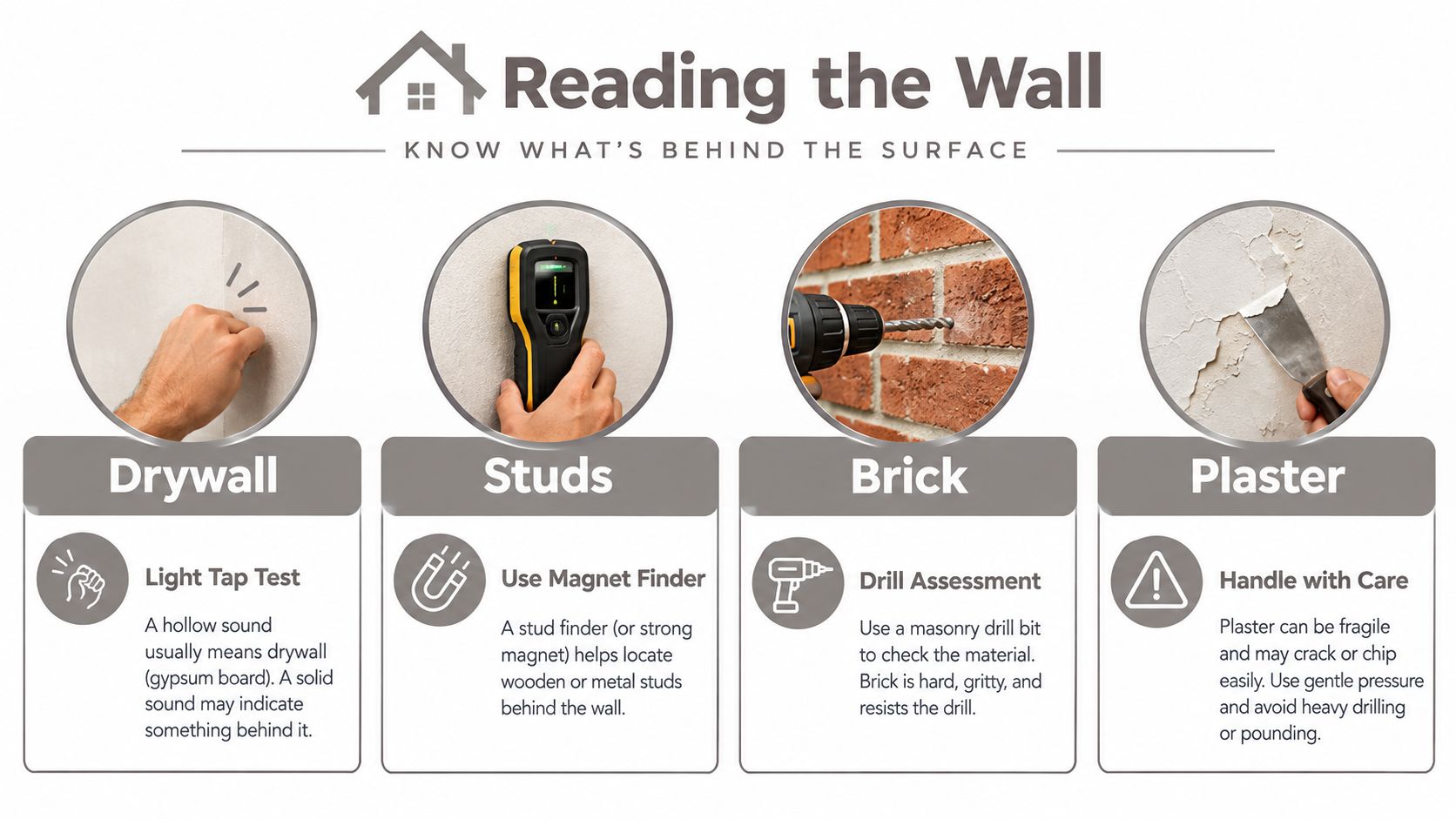 An infographic illustrating four ways to identify different wall materials including drywall, studs, brick, and plaster.