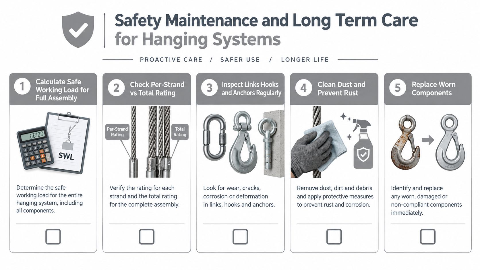 An infographic detailing five essential safety maintenance and long-term care steps for hanging system hardware components.