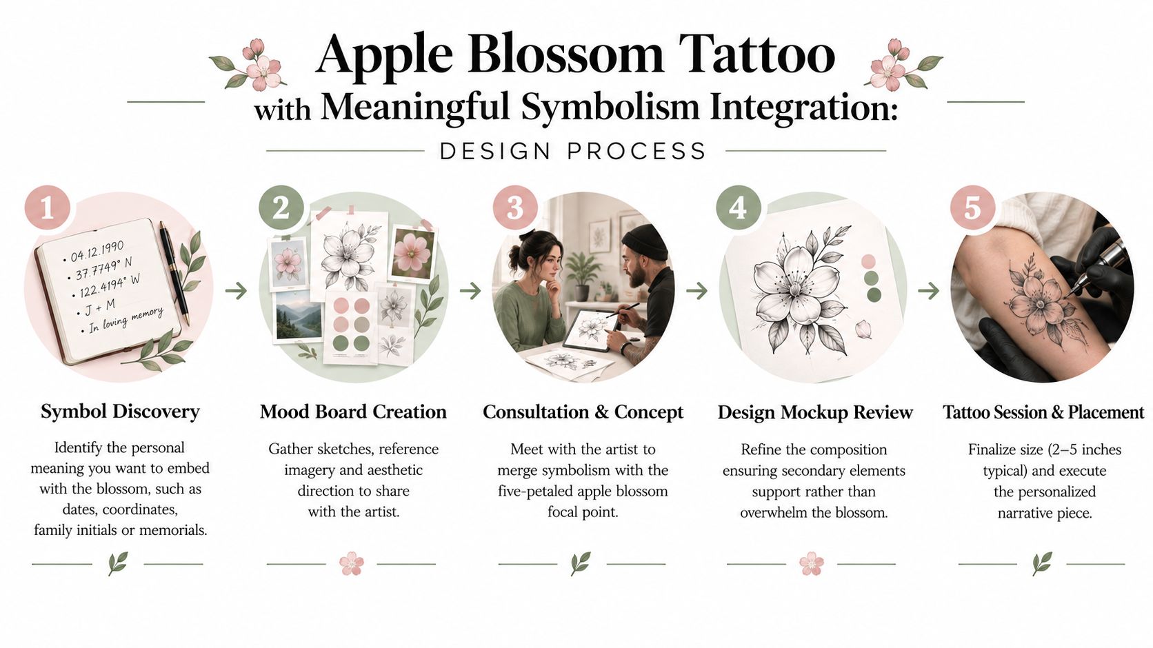 A five-step infographic showing the custom design process for a meaningful apple blossom tattoo.