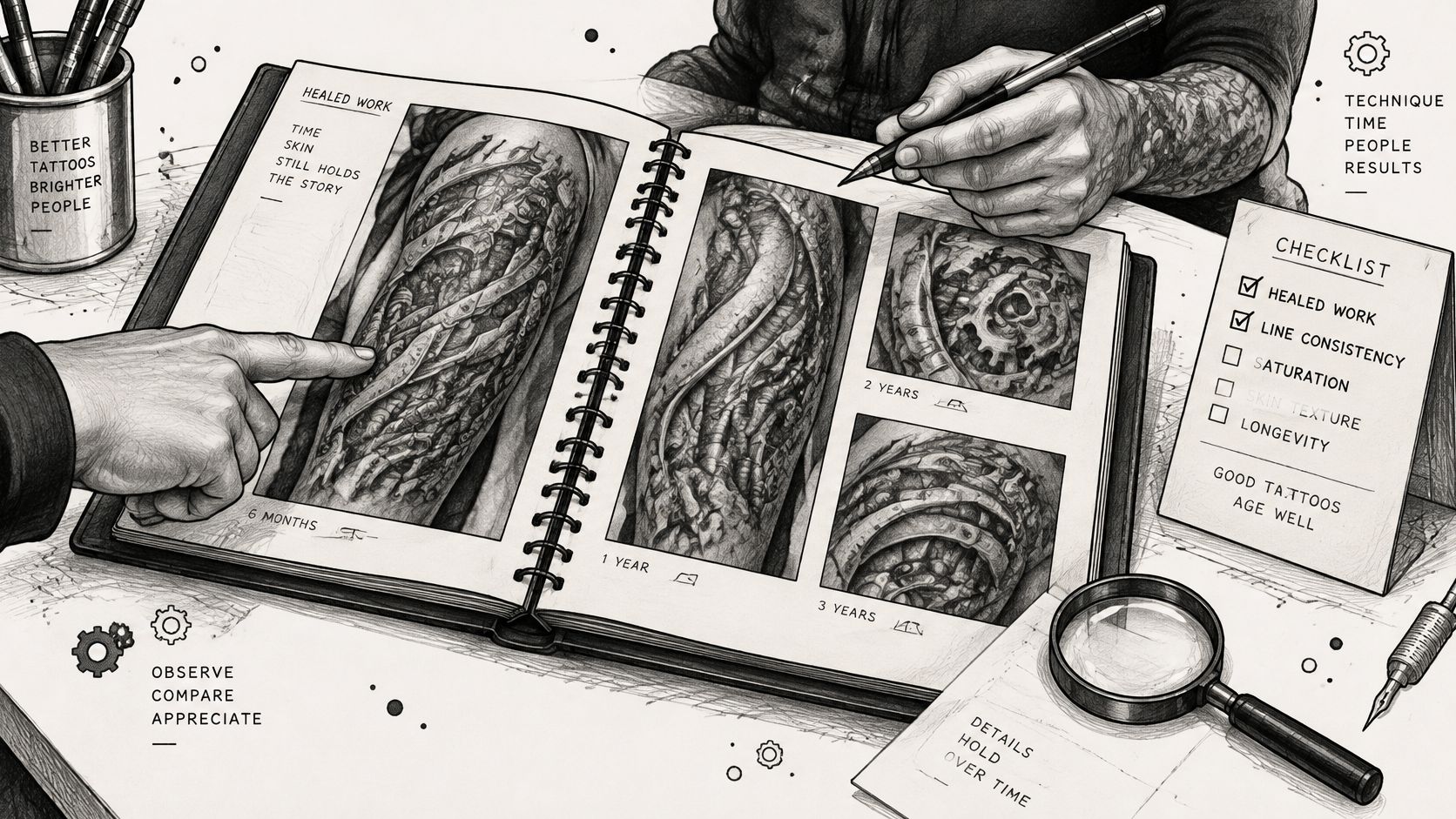 A detailed sketch of a biomechanical tattoo sleeve being reviewed in an artist's portfolio notebook.