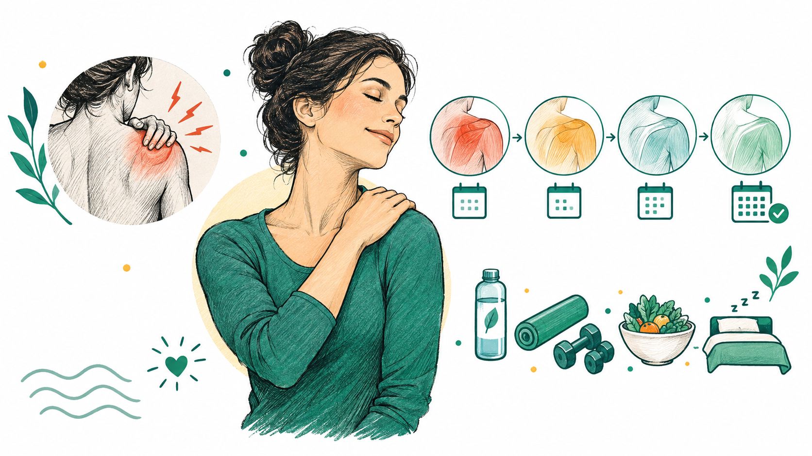 A woman demonstrating shoulder pain relief and recovery through healthy lifestyle habits, exercise, and proper rest.