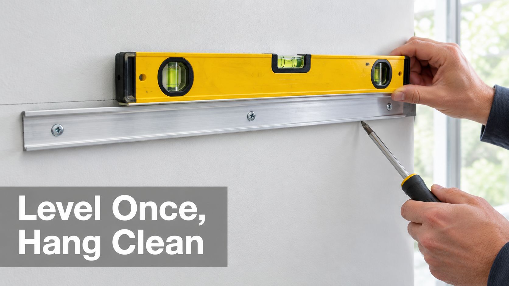 A person using a level and screwdriver to install an aluminum picture hanging cleat on a wall.