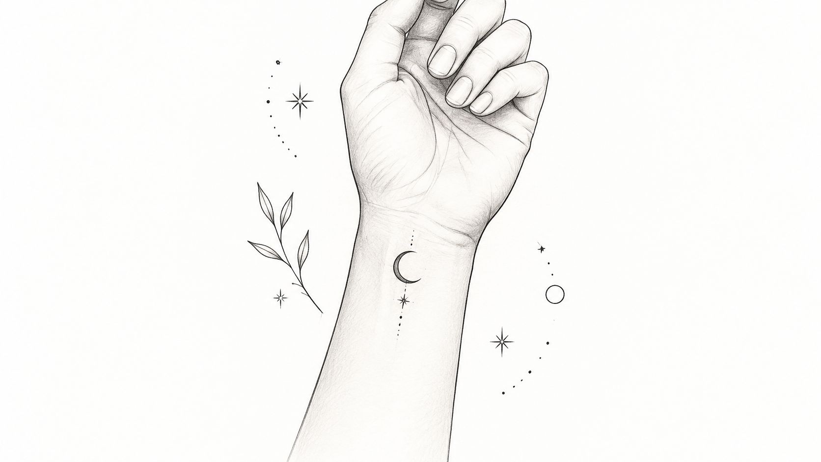 A delicate pencil sketch showing a minimalist crescent moon and star tattoo design on a female wrist.