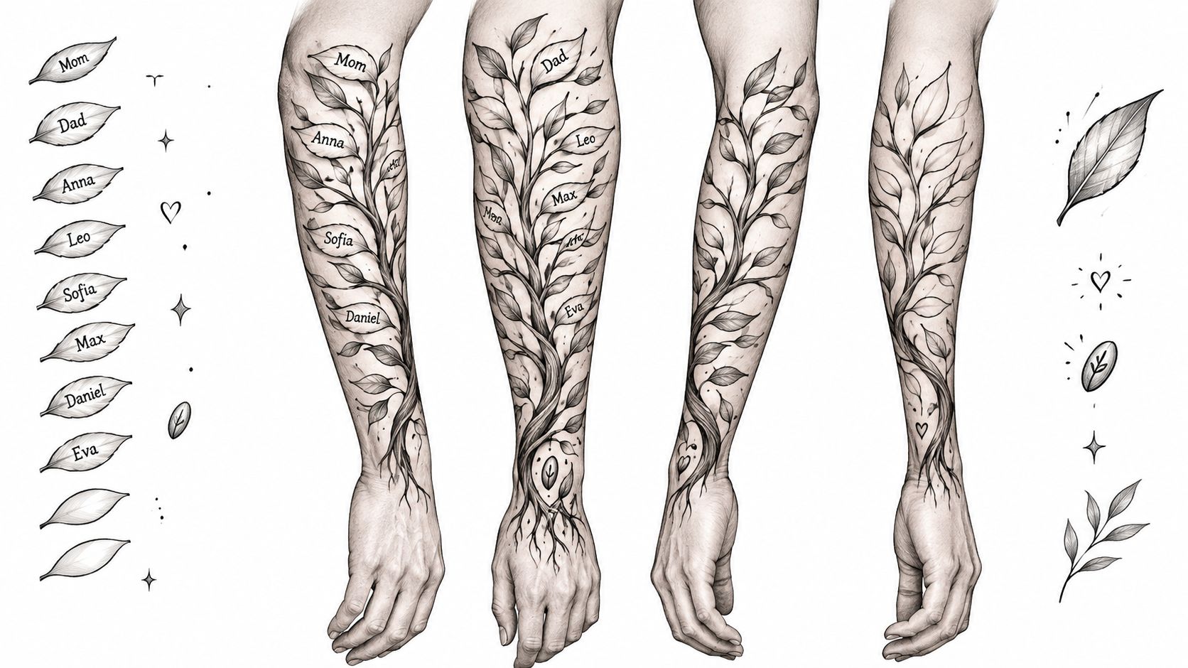 A detailed tattoo design of a family tree on a human arm with names on leaves.