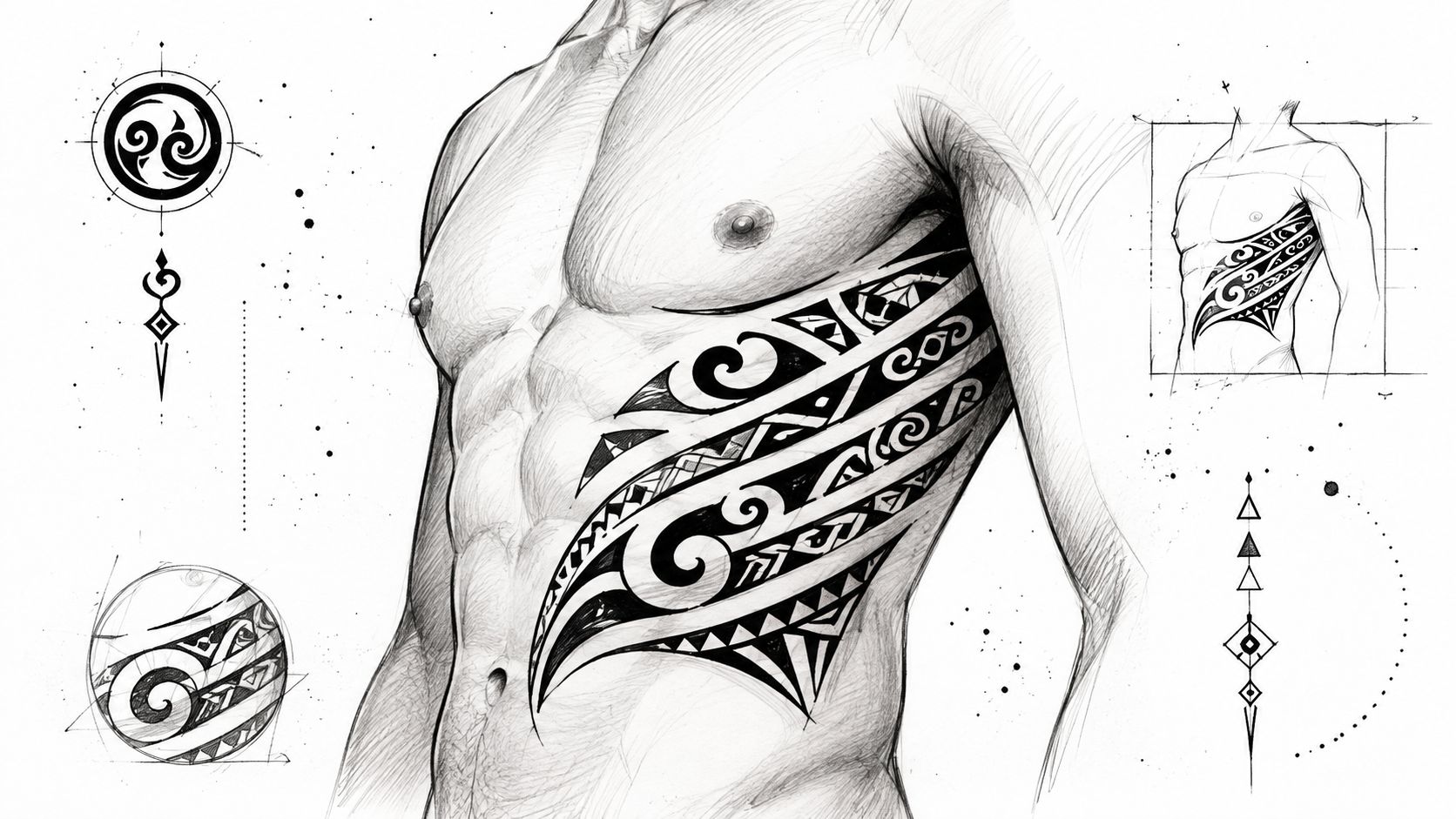 A detailed pencil sketch of a male torso featuring an intricate Polynesian-style tribal rib cage tattoo.