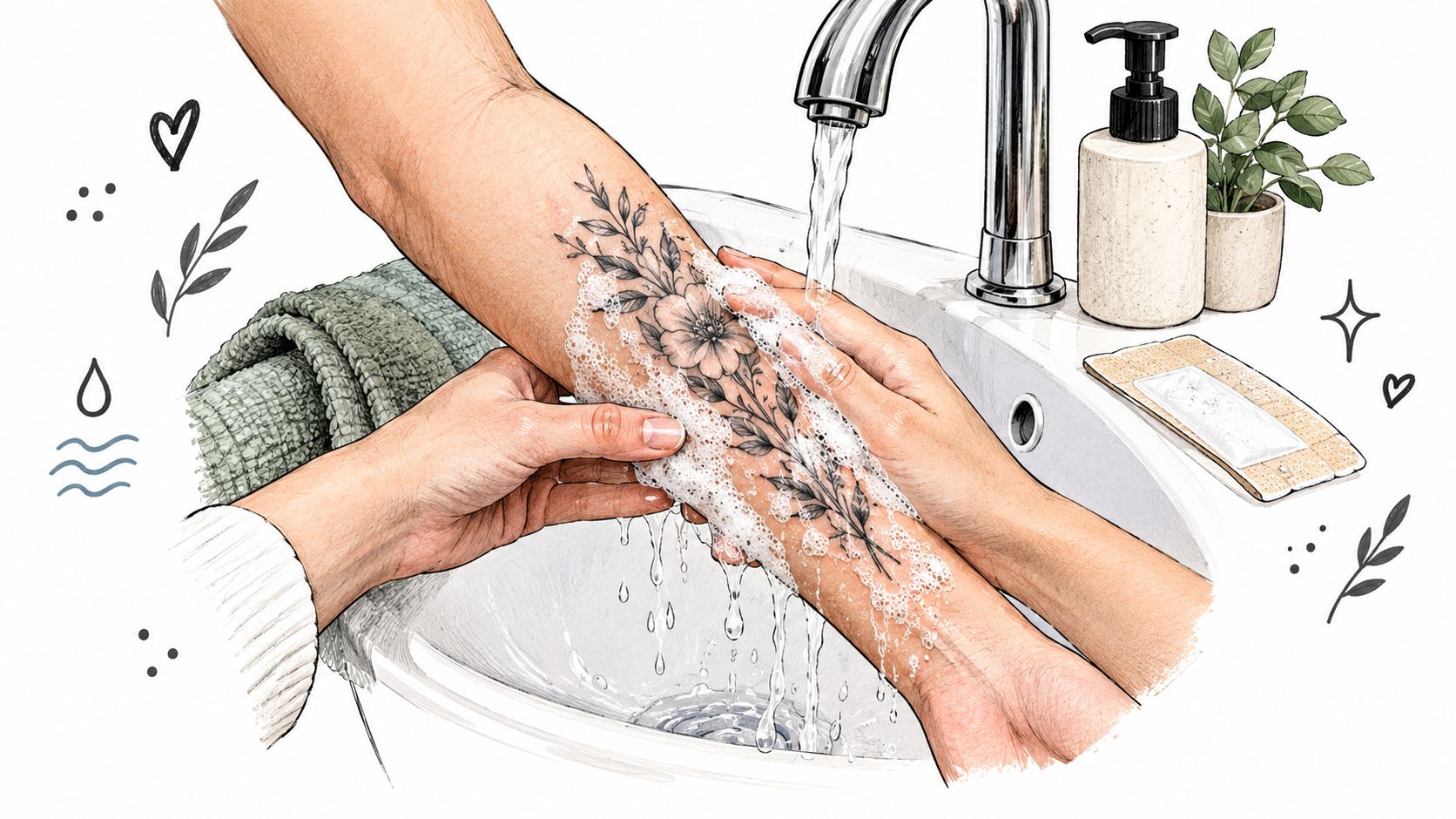 A person gently washing a floral tattoo on their forearm with soap suds at a bathroom sink.