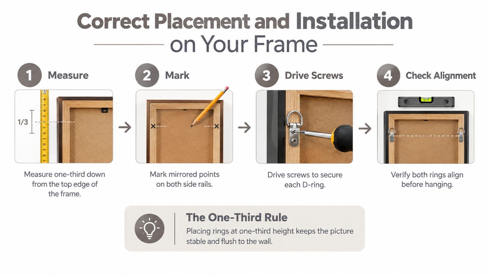 A four-step infographic illustrating how to correctly install D-rings on a picture frame for wall mounting.
