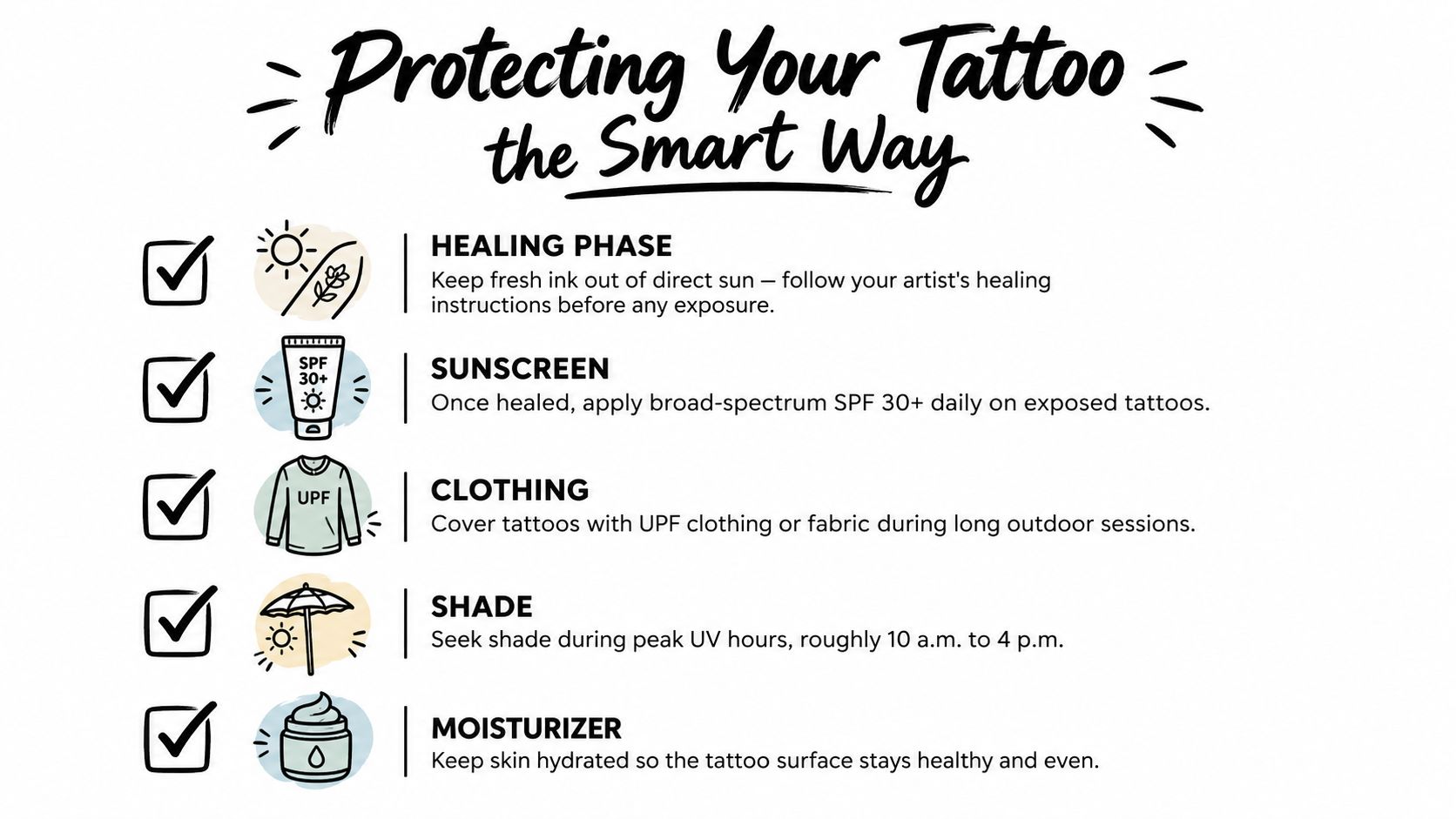 An infographic titled Protecting Your Tattoo the Smart Way, listing five tips for maintaining healthy, vibrant ink.