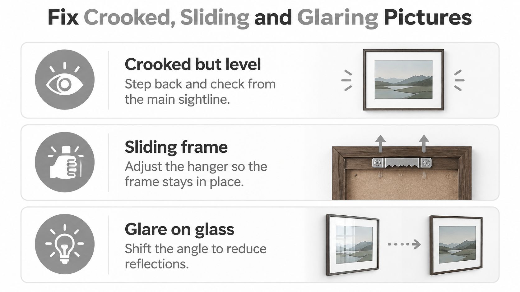 An infographic illustrating three tips to fix crooked, sliding, or glaring picture frames on walls.